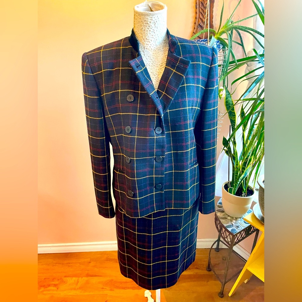 1990's Jones New York 2 Piece Plaid Wool Blazer & Skirt Set